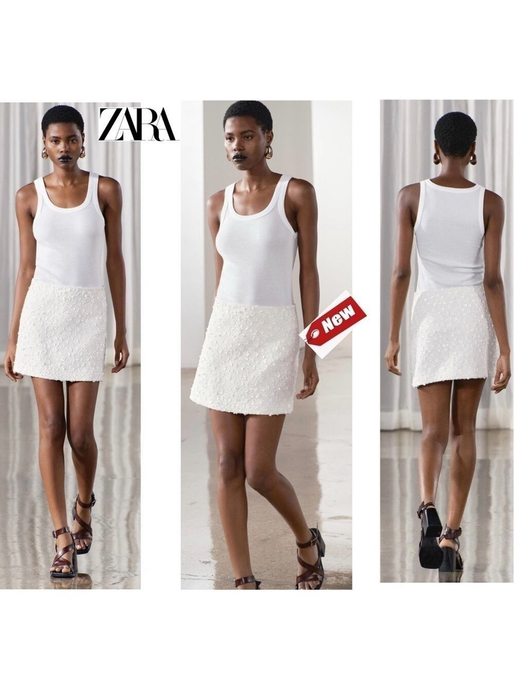 Zara ZW Collection white beaded sequin embroidered high waisted mini skirt L NWT